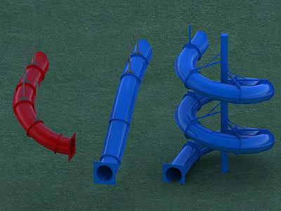 Vibrant Playground Slides With Red Curved Blue Straight And Spiral Designs On Green Grass 3d model