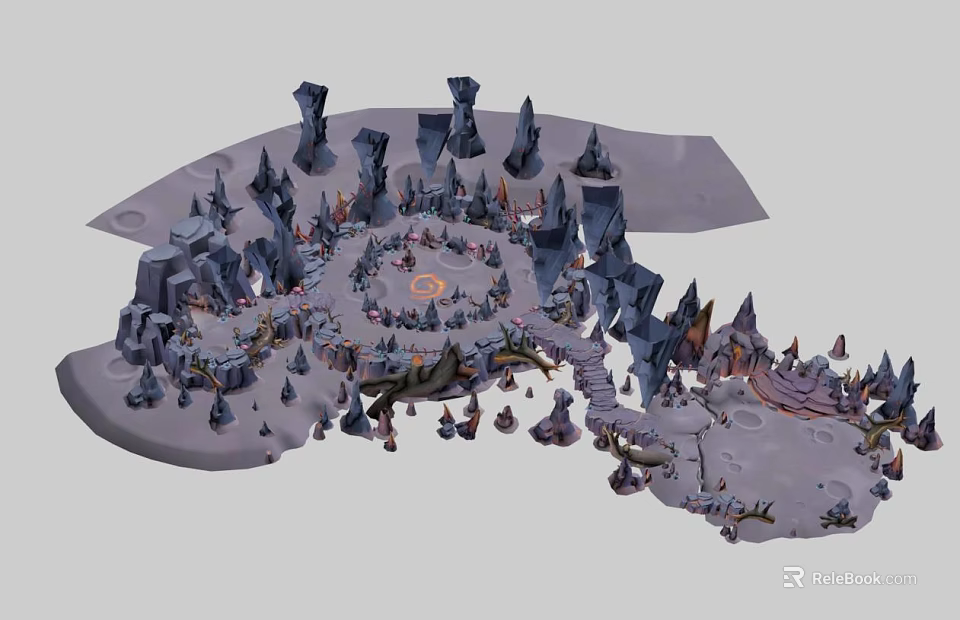 Detailed Fantasy Landscape Model With Spire Rocks Central Fire Circle And Small Structures 3d model 