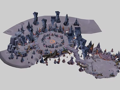 Detailed Fantasy Landscape Model With Spire Rocks Central Fire Circle And Small Structures 3d model