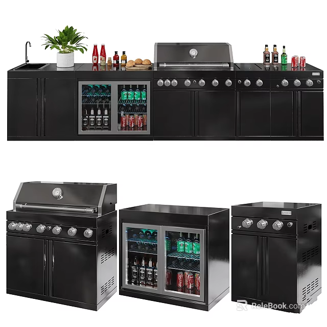 Modern Black Kitchen Grill And Cooler With Beverage Bottles Cans And Condiments 3d model 