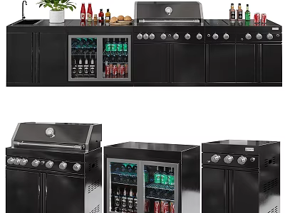 Modern Black Kitchen Grill And Cooler With Beverage Bottles Cans And Condiments 3d model