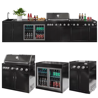 Modern Black Kitchen Grill And Cooler With Beverage Bottles Cans And Condiments 3d model