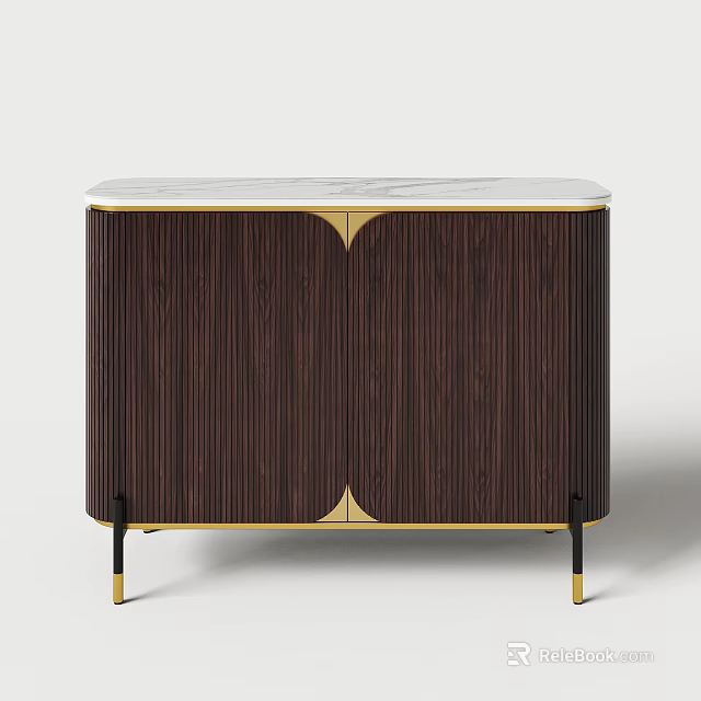 Modern Dark Brown Wooden Nightstand With Marble Top And Gold Accents 3d model 