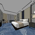 Elegant Hotel Guest Room With Blue Patterned Carpet King Bed And Flat Screen TV 3d model