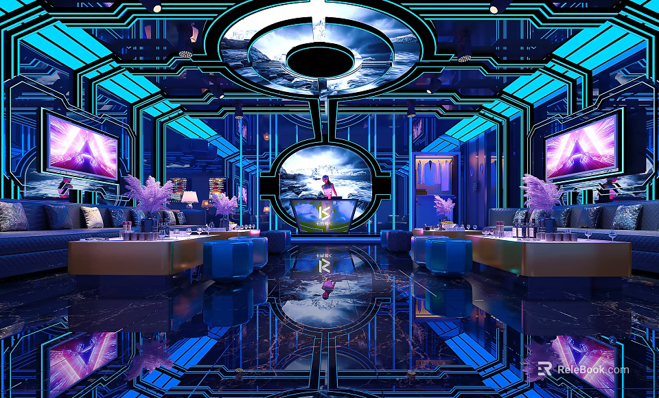 Modern KTV Interior Design With Neon Lights Large Screens And Comfortable Sofas 3d model 