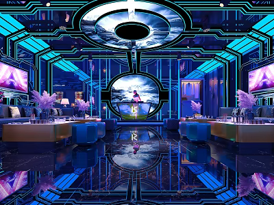 Modern KTV Interior Design With Neon Lights Large Screens And Comfortable Sofas 3d model