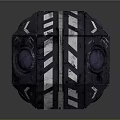 Black Polyhedral Tech Device With Lenses Red Light ANNA Label And Striped Pattern