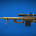 Detailed Golden Sniper Rifle with Scope Magazine Bipod on Blue Background