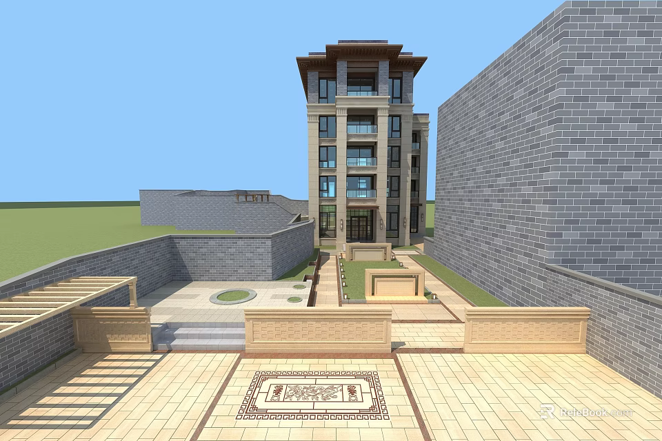 Modern Multi Story Detached Villa With Stone Exterior And Landscaped Courtyard 3d model 