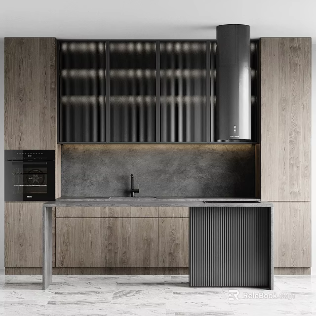 Wooden Kitchen Cabinets With Black Glass Doors Gray Countertop And Stainless Steel Range Hood 3d model 