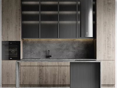 Wooden Kitchen Cabinets With Black Glass Doors Gray Countertop And Stainless Steel Range Hood 3d model