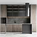 Wooden Kitchen Cabinets With Black Glass Doors Gray Countertop And Stainless Steel Range Hood