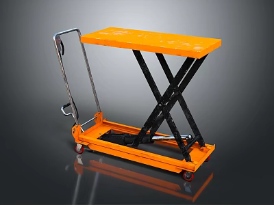 Orange Hydraulic Lift Table Cart With X Shaped Frame Wheels And Handle 3d model