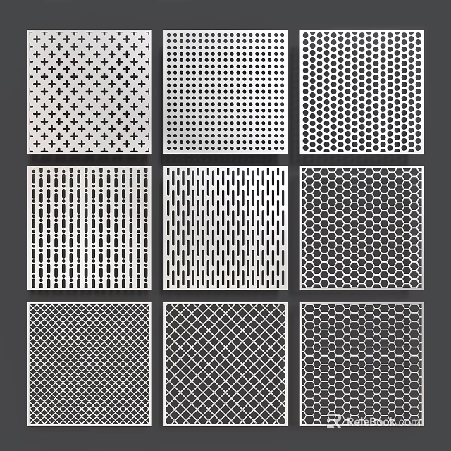Different Geometric Mesh Patterns With Perforated Designs On Dark Background 3d model 