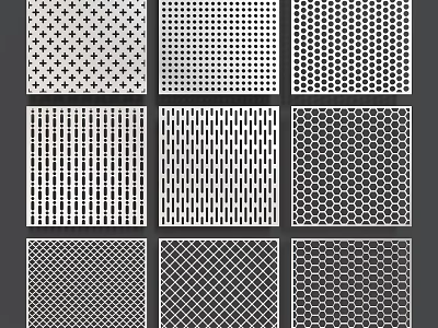 Different Geometric Mesh Patterns With Perforated Designs On Dark Background 3d model