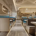 Elegant Modern Restaurant Interior With Marble Bar Counter Blue Booths And Pendant Lights