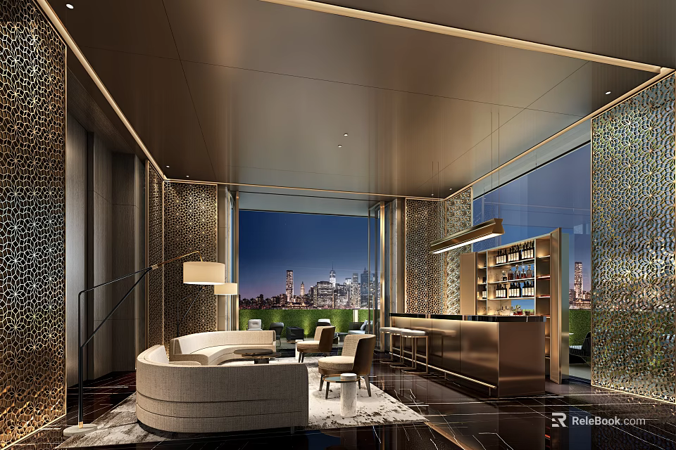 Elegant Modern Open Bar With Floor to Ceiling Windows City Night View And Bar Counter 3d model 