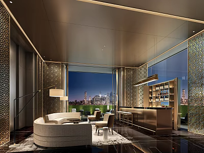 Elegant Modern Open Bar With Floor to Ceiling Windows City Night View And Bar Counter 3d model