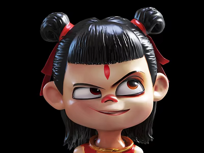 Cute Doll with Double Buns Hairstyle Red Ribbons Red Dot on Forehead and Mischievous Look 3d model
