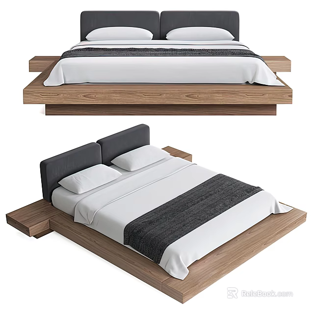 Modern Double Bed With Wooden Frame Floating Design And Black Upholstered Headboard 3d model