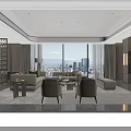 Elegant Private Dining Room With Round Table Comfortable Chairs Chandelier And City View