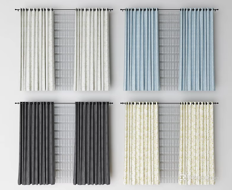 Stylish Curtains In Various Colors And Patterns For Home Window Decoration 3d model 