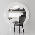 Elegant White Dressing Table Design With Large Round Mirror And Black Chair
