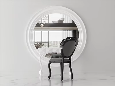 Elegant White Dressing Table Design With Large Round Mirror And Black Chair 3d model