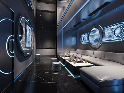Hi Tech KTV Room With Neon Lighting Gray Sofas And Screens 3d model
