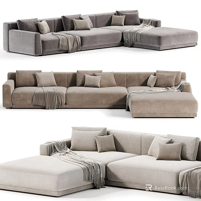 Sectional Sofa Light Beige Upholstered with Pillows and Throw Blankets for Modern Living Room Interior 3d model 