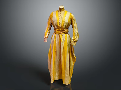 Elegant Traditional Yellow Dress With Long Sleeves Belted Waist And Flowing Skirt 3d model