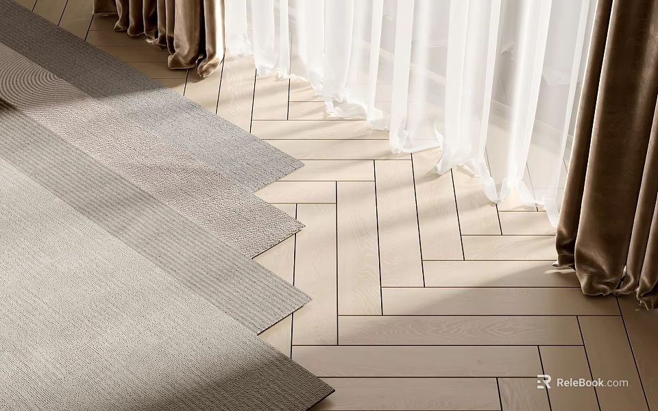 Gray Textured Square Rug On Herringbone Wooden Floor With White Curtains 3d model 