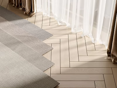 Gray Textured Square Rug On Herringbone Wooden Floor With White Curtains 3d model