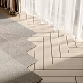 Gray Textured Square Rug On Herringbone Wooden Floor With White Curtains