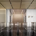 Modern Elevator Lobby Featuring Marble Walls Glass Barriers Polished Floor Ceiling Lights And 1F Signage