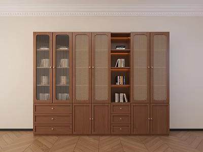 Classic Solid Wood Bookcase With Glass Rattan Panels Ample Storage Drawers And Built In Lighting 3d model