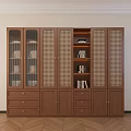Classic Solid Wood Bookcase With Glass Rattan Panels Ample Storage Drawers And Built In Lighting