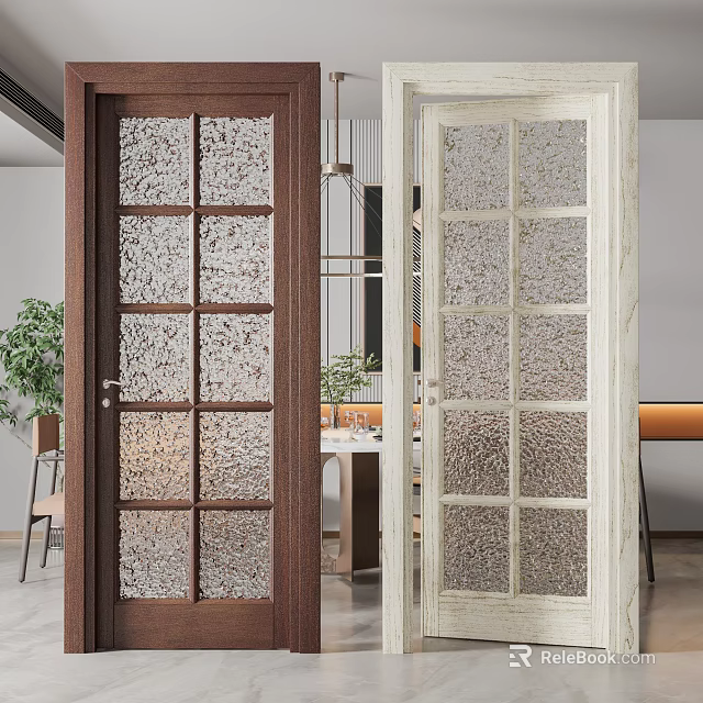 Brown And White Hinged Doors With Patterned Glass In Modern Interior Design 3d model