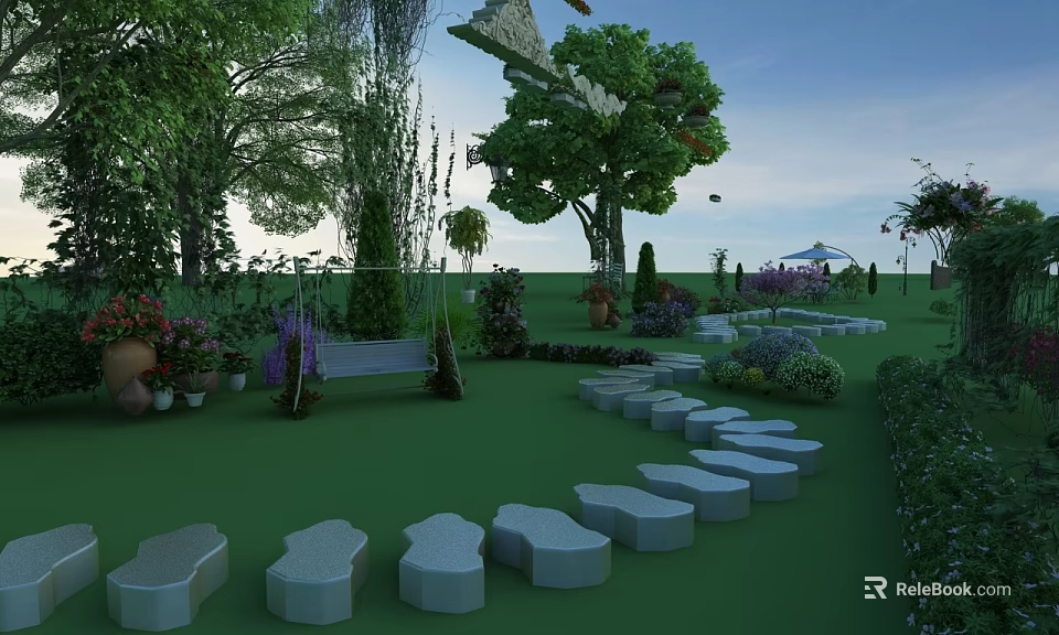 Natural Garden Landscape With Green Lawn Stone Pathway Bench Various Plants Trees And Flower Beds 3d model 
