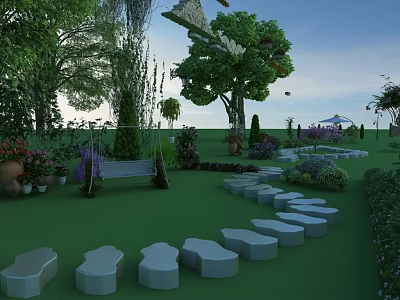 Natural Garden Landscape With Green Lawn Stone Pathway Bench Various Plants Trees And Flower Beds 3d model