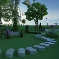 Natural Garden Landscape With Green Lawn Stone Pathway Bench Various Plants Trees And Flower Beds
