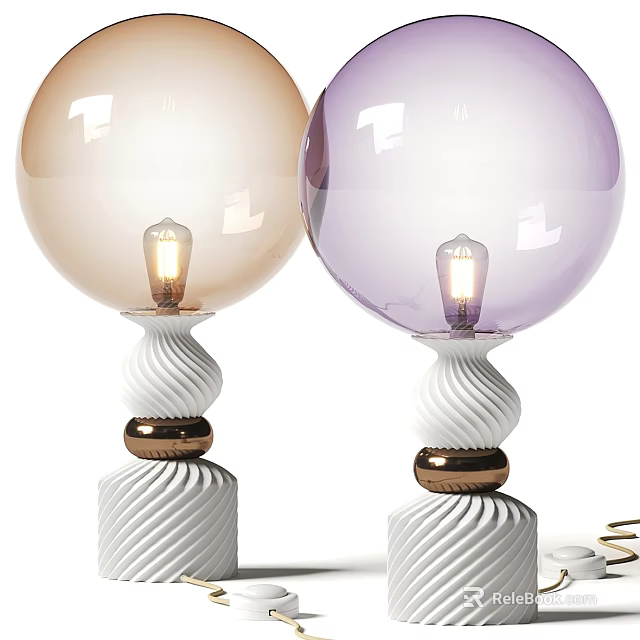 Golden And Purple Table Lamps With Spherical Shades Twisted White Bases And Copper Decorative Balls 3d model 