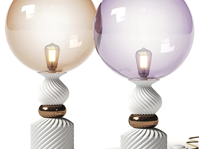 Golden And Purple Table Lamps With Spherical Shades Twisted White Bases And Copper Decorative Balls 3d model