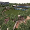 Park Landscape With Green Lawn Trees Children's Playground Slides Climbing Frames And Street Lamps