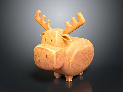 Wooden Moose Shaped Decorative Furniture Piece With Orange Finish And Antlers 3d model