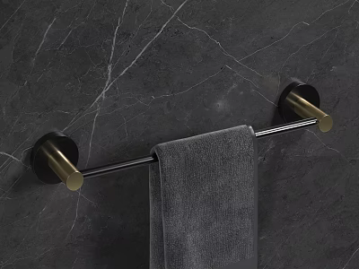 Bathroom Towel Rod with Black Metal and Gold Base Hanging Gray Towel on Marble Wall 3d model