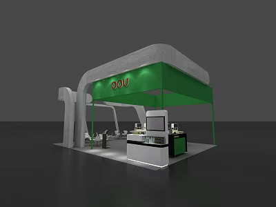 Modern Exhibition Booth Design Featuring Green Canopy DOU Logo And Interior Setup 3d model