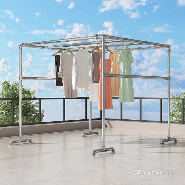 Metal Clothes Rack With Multiple Hangers For Balcony Outdoor Use 3d model 