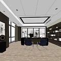 Modern Office Interior With Black Sofas Coffee Table Bookshelves And Large Windows 3d model