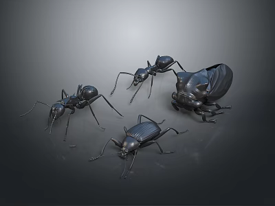 Realistic Black Ant And Beetle Insects 3D Render On Gray Background 3d model